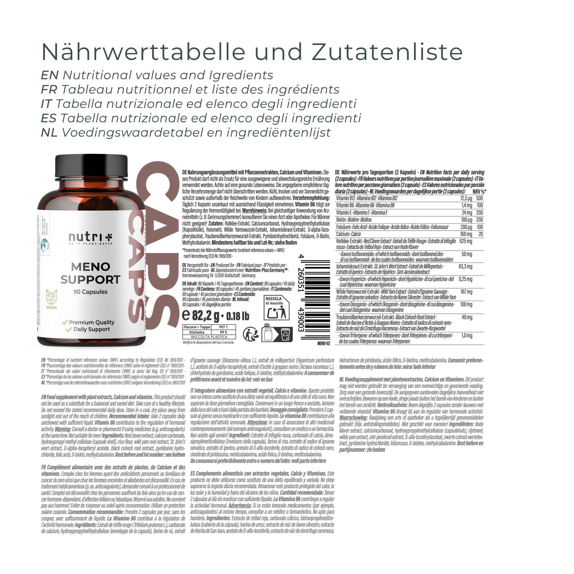 Bouteille de capsules Meno Support, 90 capsules, 10 actifs, 100% végan, prise journalière 2 capsules.