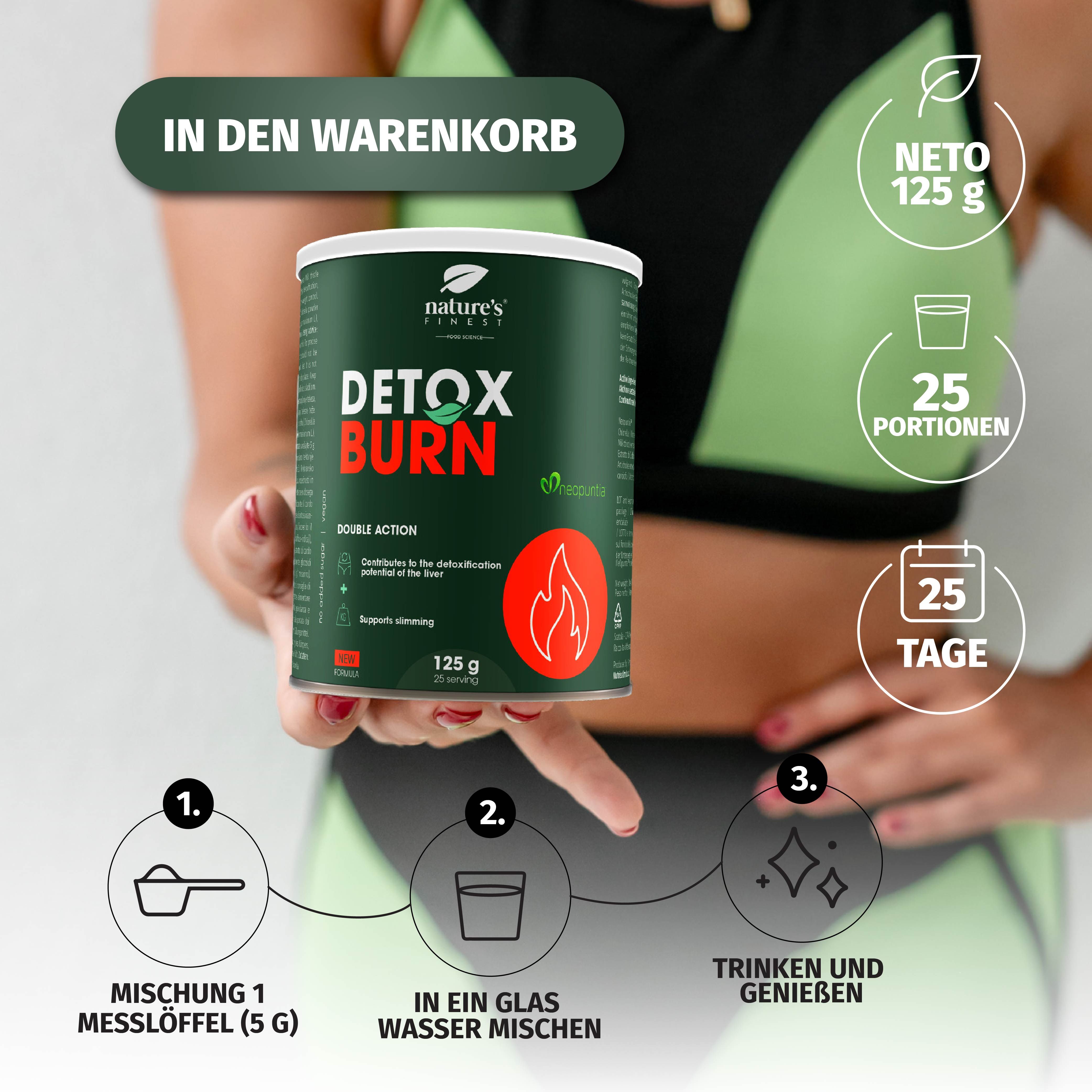 Groene pot 'Detox Burn' met 125g. Met bereidingsstappen.