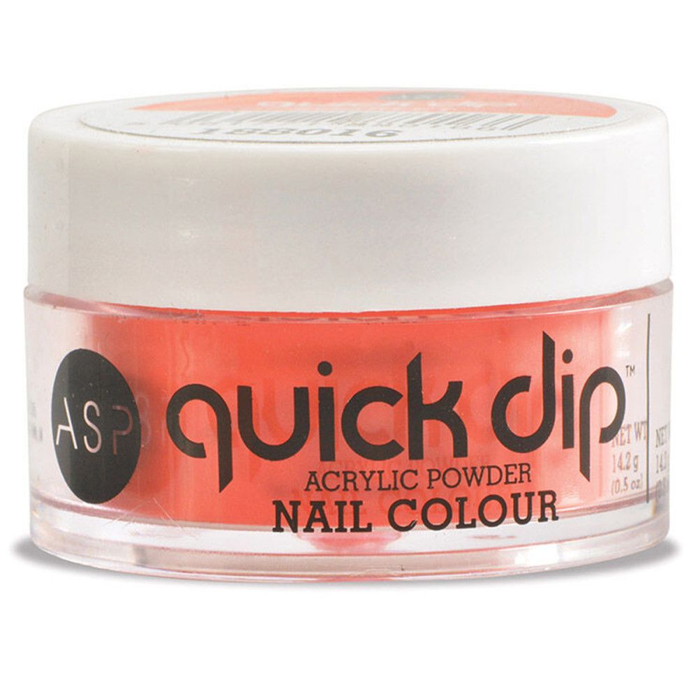 Pot de poudre orange. Inscription 'quick dip' et 'NAIL COLOUR'.