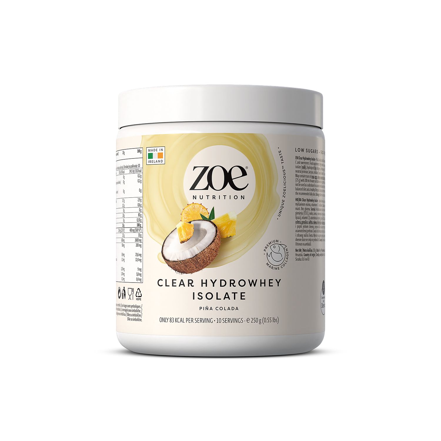Pot blanc avec logo "zoe Nutrition" et nom du produit "Clear Hydrowhey Isolate". Illustration de noix de coco et d'ananas.