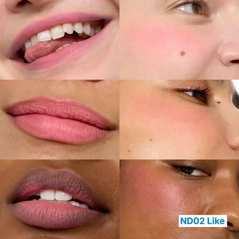 Close-ups van lippen en wangen met roze tint. Verschillende huidtinten. Tekst: ND02 Like.