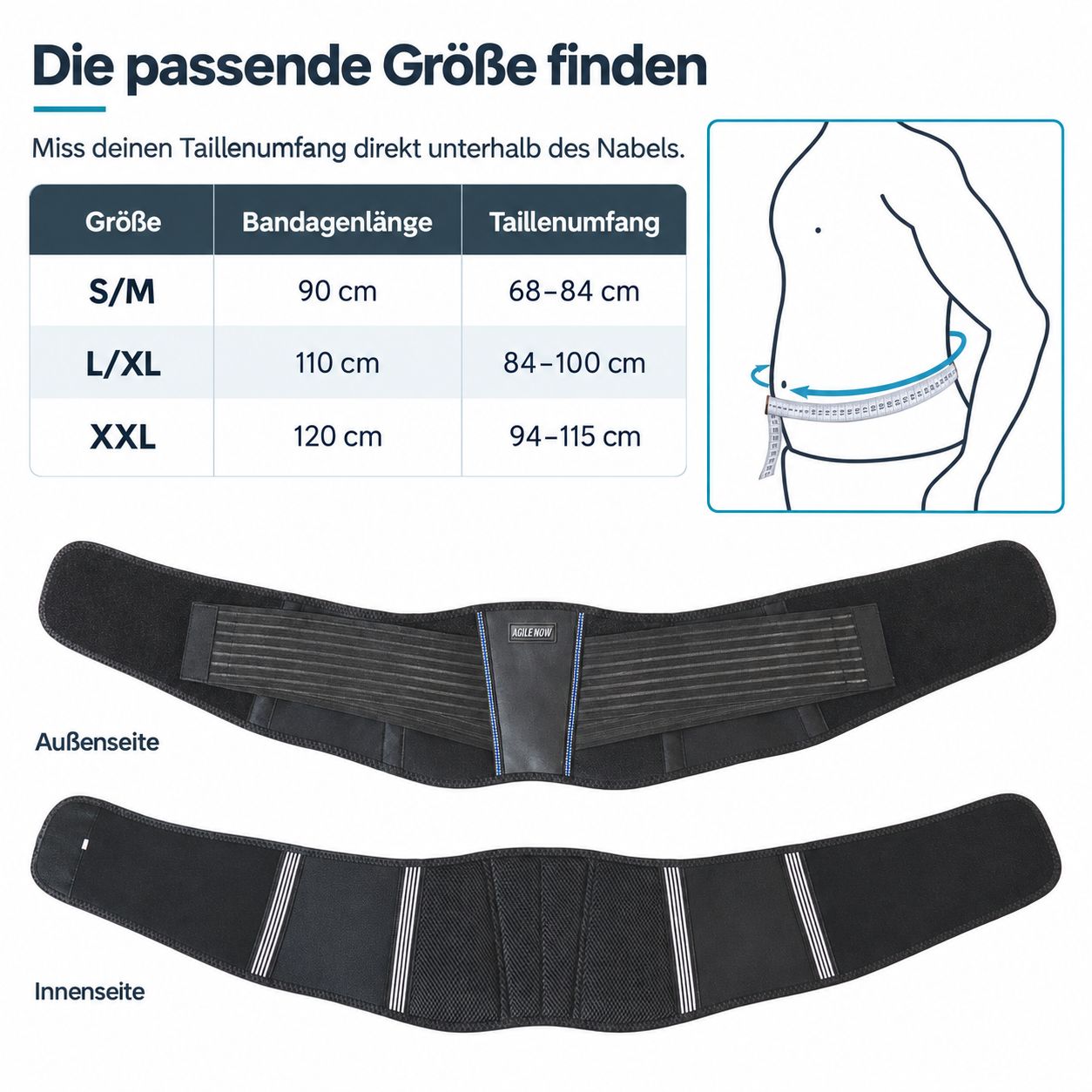Ceinture lombaire AGILE NOW: Tableau des tailles (S/M, L/XL, XXL) avec longueur et tour de taille. Illustration de mesure.