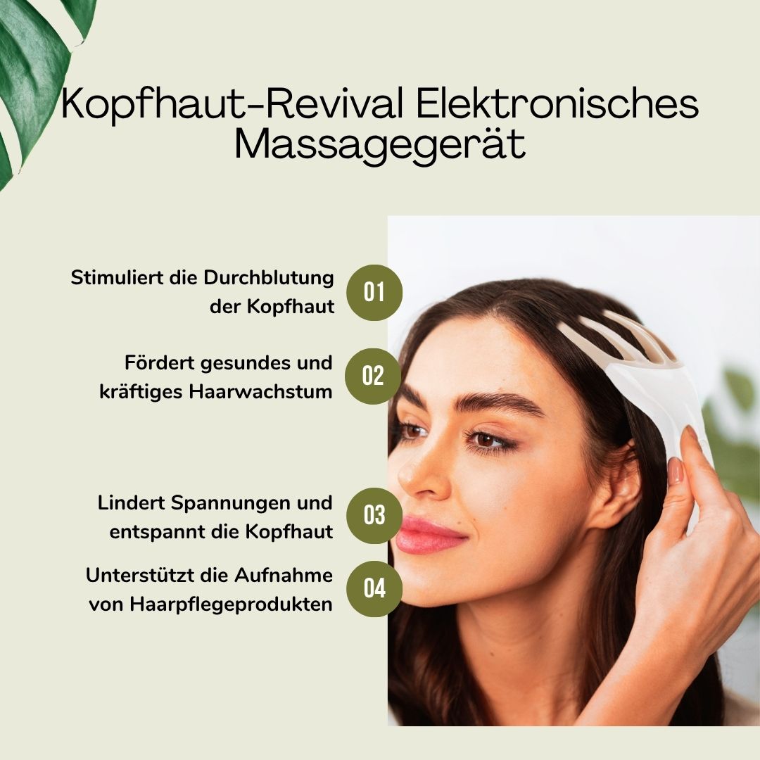 Femme avec masseur sur la tête. Texte: Kopfhaut-Revival Elektronisches Massagegerät. Fonctions: circulation, croissance des cheveux, relaxation, absorption des produits.