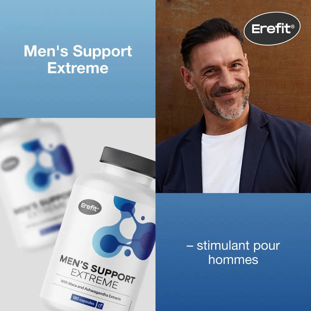 Deux images: homme et flacon Men's Support Extreme. Marque: Erefit.