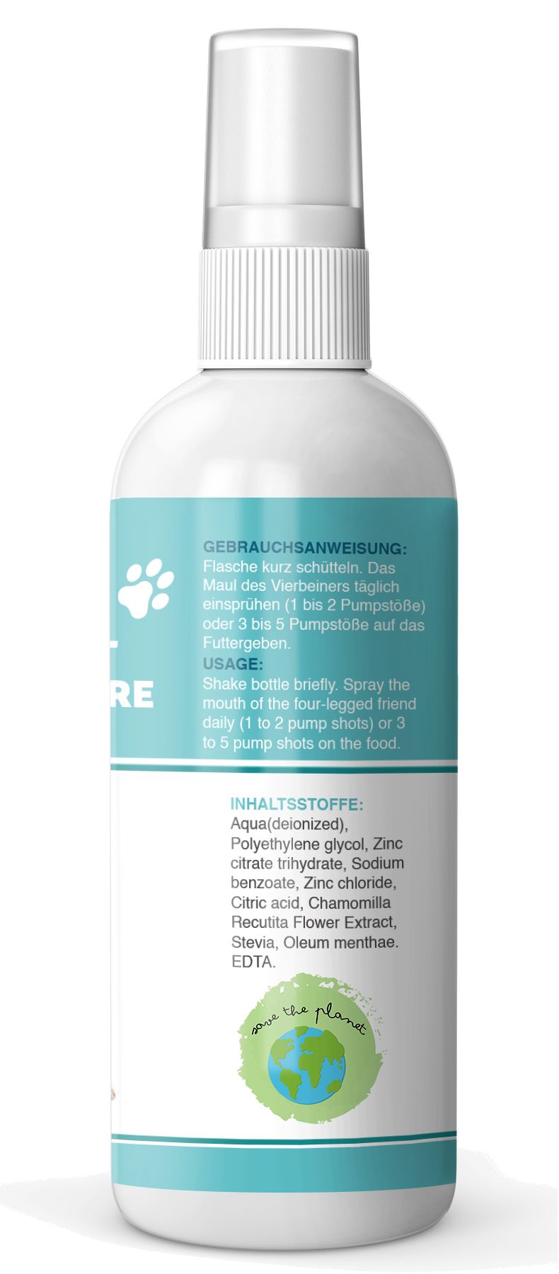 Achterkant van de fles. Tekst: GEBRUIKSAANWIJZING, INGREDIËNTEN, save the planet. Groen logo met wereldbol.