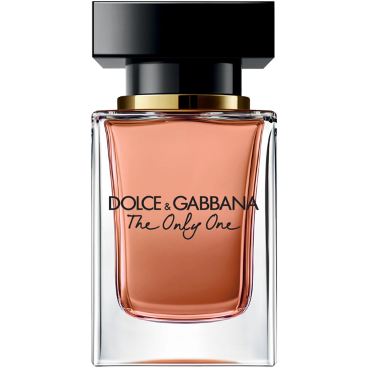 Flacon Dolce & Gabbana The Only One. Bouchon noir, col doré, liquide rosé. Flacon en verre transparent.