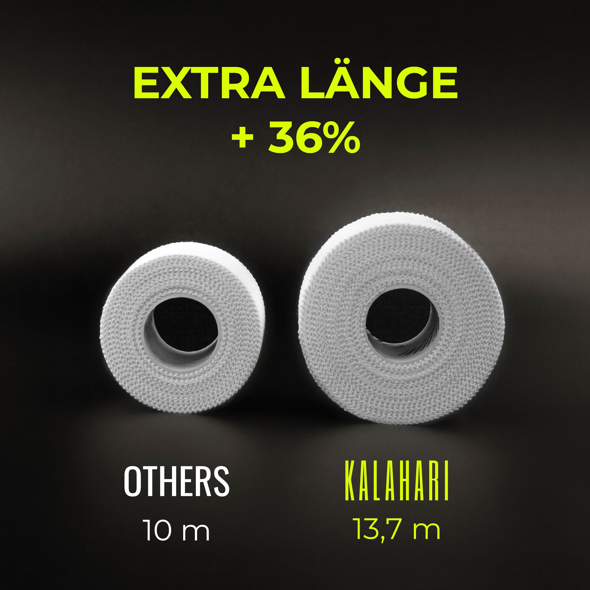 Twee rollen vinger tape (wit, zwart) op gele verpakking met iconen: ademend, katoen, hypoallergeen.