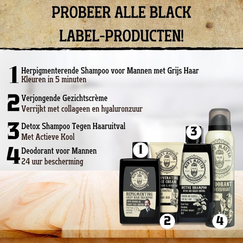 Verschillende producten uit de Black Label-serie. Tekst: Herpigmenterend shampoo voor mannen met grijs haar. Detox shampoo tegen haaruitval.