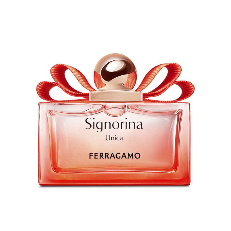 FERRAGAMO Signorina Unica Eau de Parfum fles. Glazen fles met strikapplicatie op de dop. 50 ml.