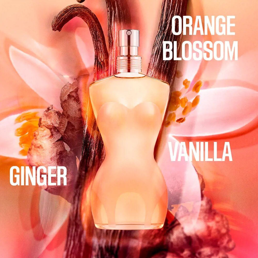 Flacon de parfum en forme de corps féminin. Couleur beige translucide. Vaporisateur argenté. Texte : Fleur d'oranger, Vanille, Gingembre.