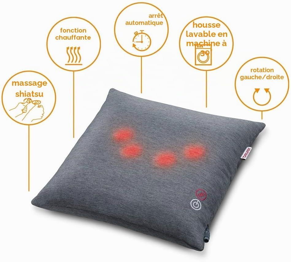 Coussin de massage shiatsu gris avec fonction chauffante, arrêt automatique et housse lavable.