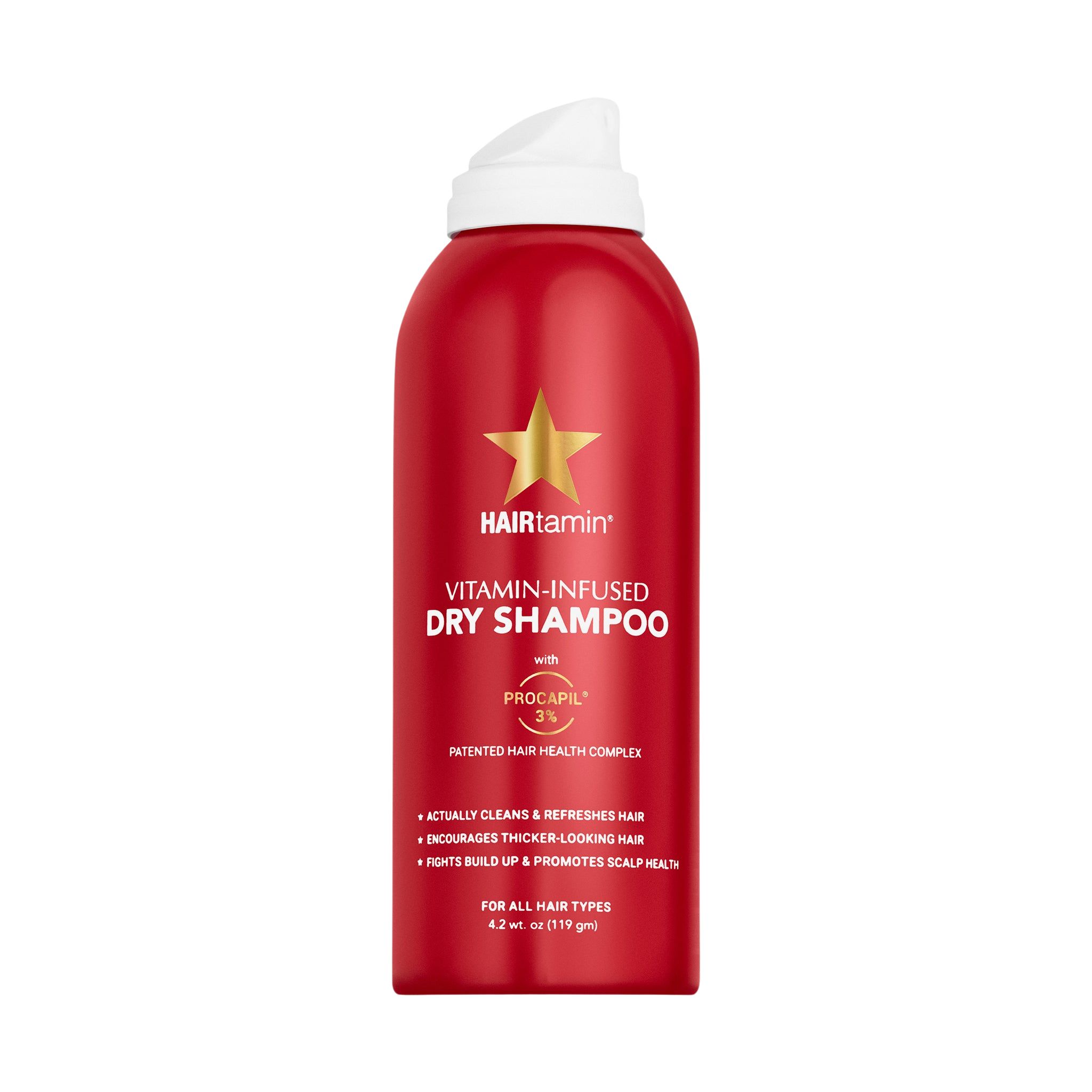 Rode spuitfles met witte dop. Bevat HAIRtamin Vitamin-Infused Dry Shampoo. Gouden ster en witte letters.