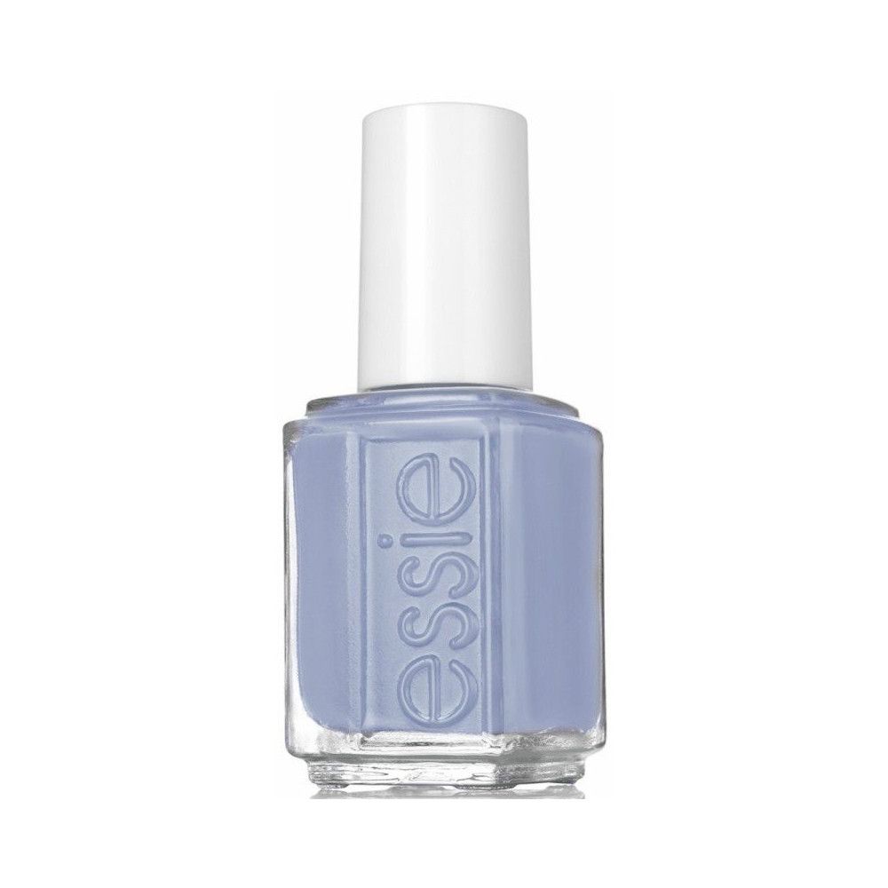 Essie nagellak in lichtblauw. Transparante glazen fles met witte dop. Merknaam "essie" zichtbaar.