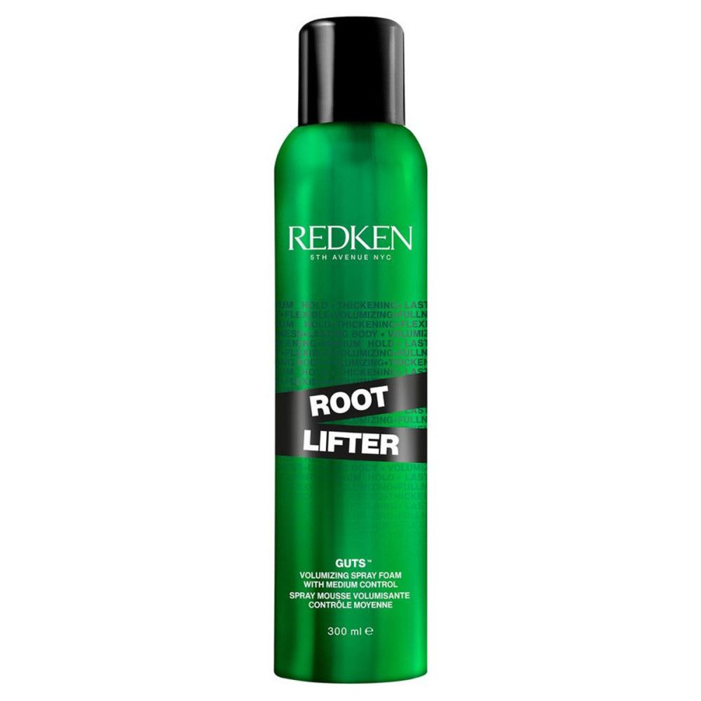 Flacon spray vert avec bouchon noir. Texte: REDKEN, ROOT LIFTER, GUTS. Mousse volumisante. 300 ml.