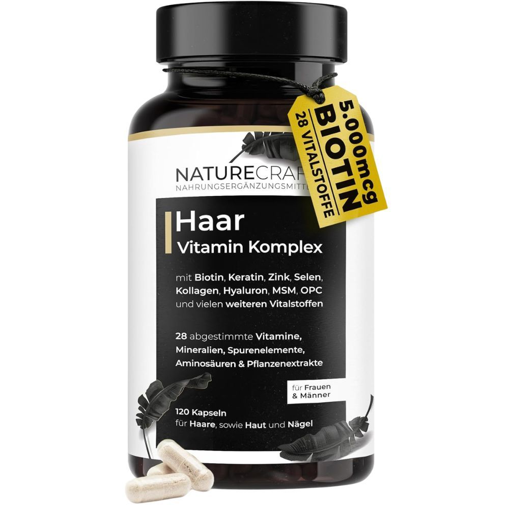 Bouteille foncée avec bouchon noir, étiquette indique 'Haar Vitamin Komplex', 120 gélules.