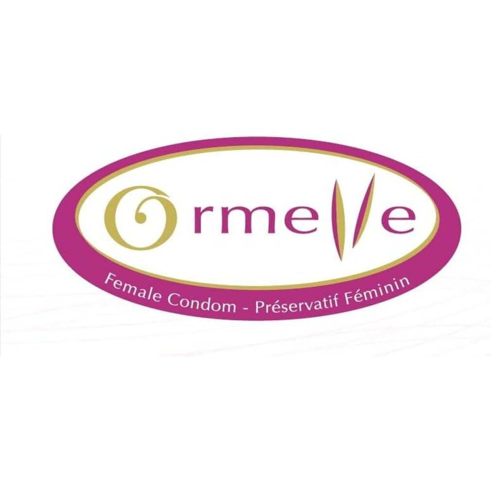 Ovale avec nom du produit Ormelle et Female Condom - Préservatif Féminin. Couleurs rose et or.
