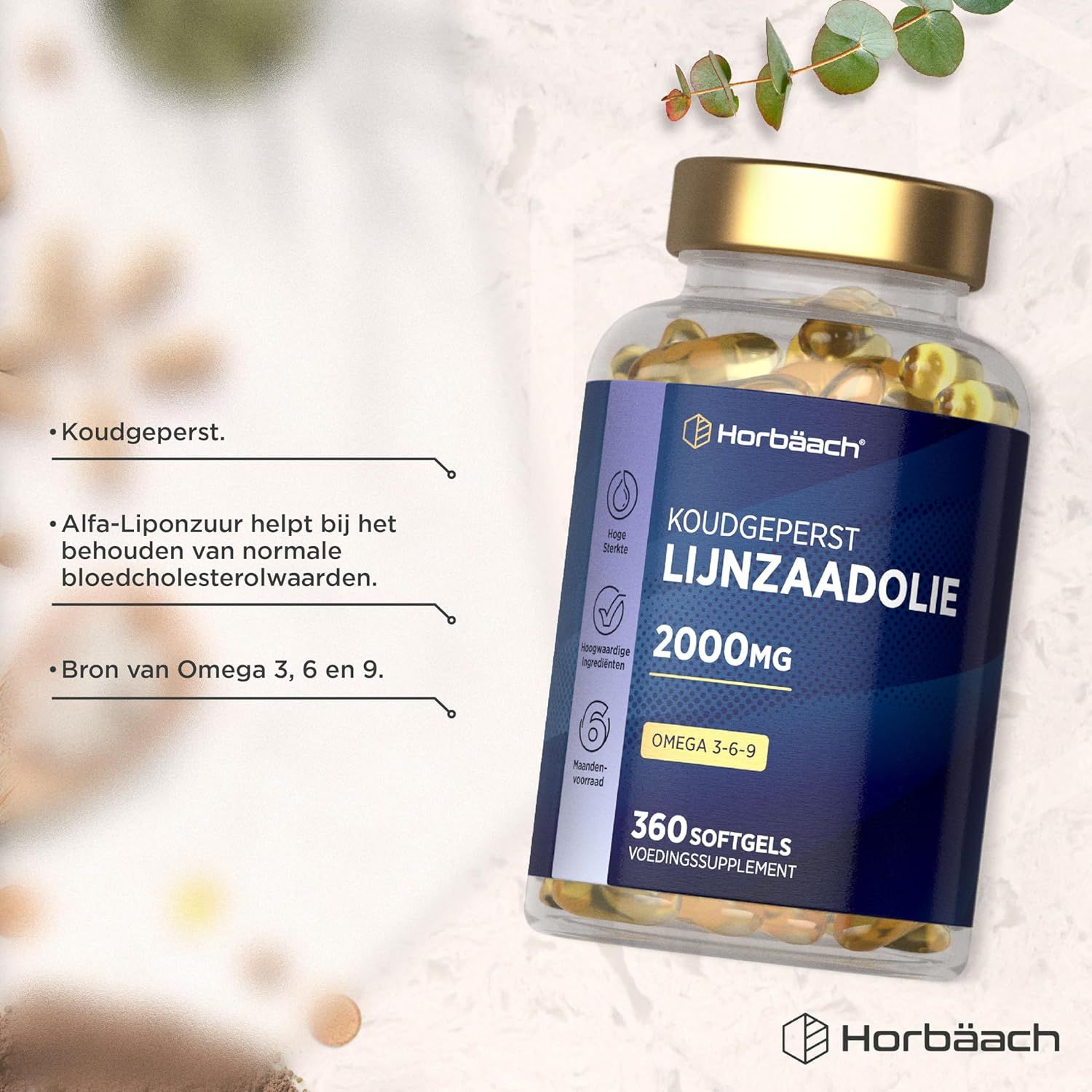 Fles met 360 koudgeperste lijnzaadolie softgels van Horbäach, 2000mg per softgel.