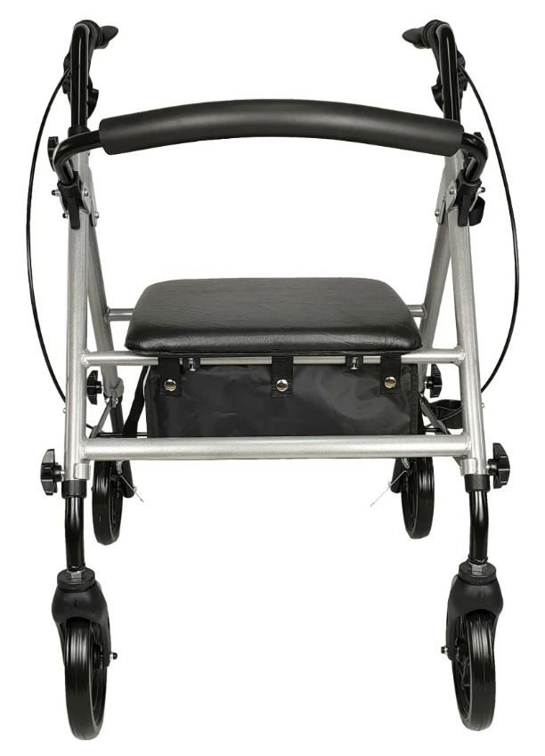 Rollator, vooraanzicht. Aluminium frame, zwarte zitting en mand, 4 wielen.