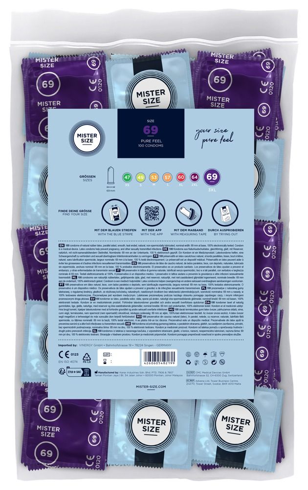Sachet de préservatifs. Informations produit au dos. Inscription : Mister Size, 69. Indications de taille.