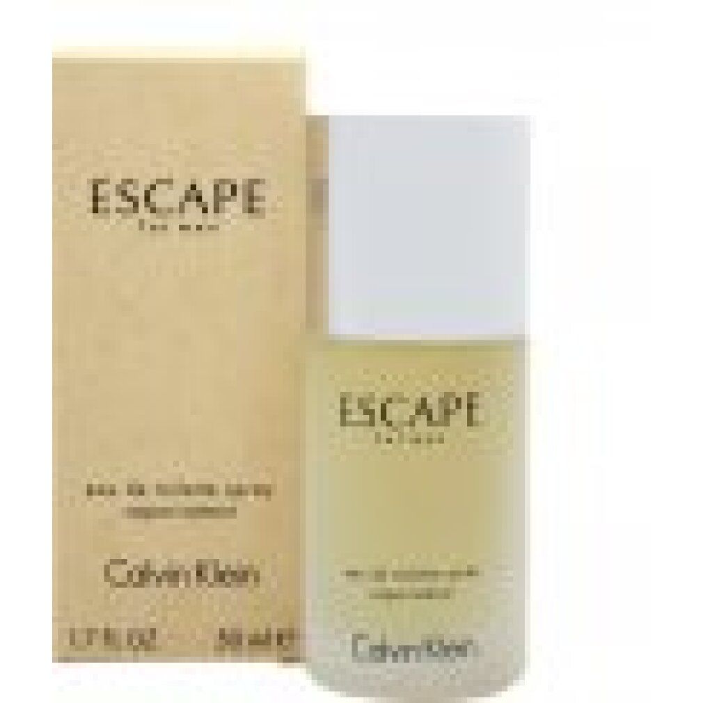 Flacon Calvin Klein Escape for men avec emballage. Bouchon argenté, inscription Escape for men. En bas, Calvin Klein. Liquide jaunâtre.