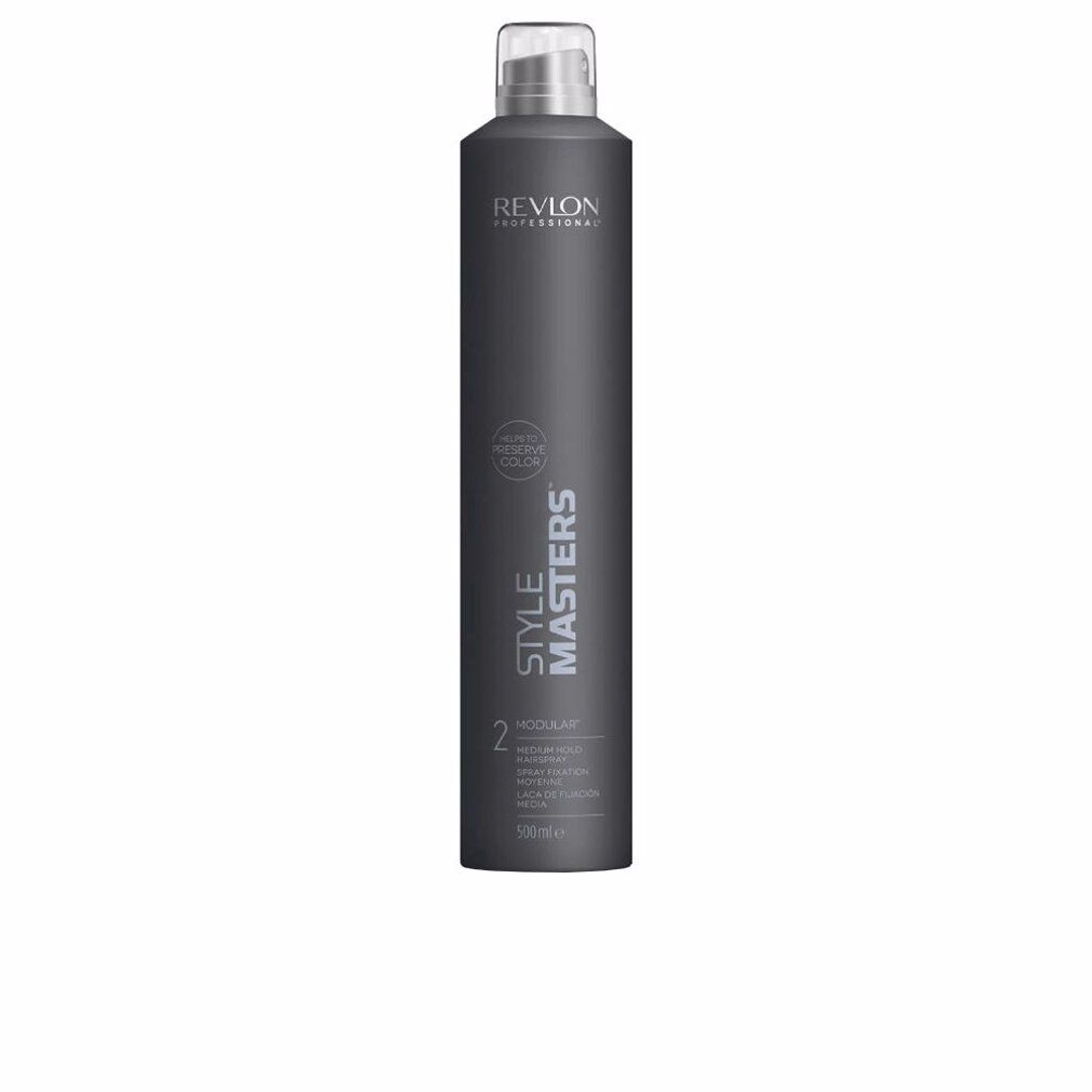 Flacon de laque gris avec bouchon blanc. Inscriptions: Revlon Professional, Style Masters, Modular 2, Medium Hold. 250ml.