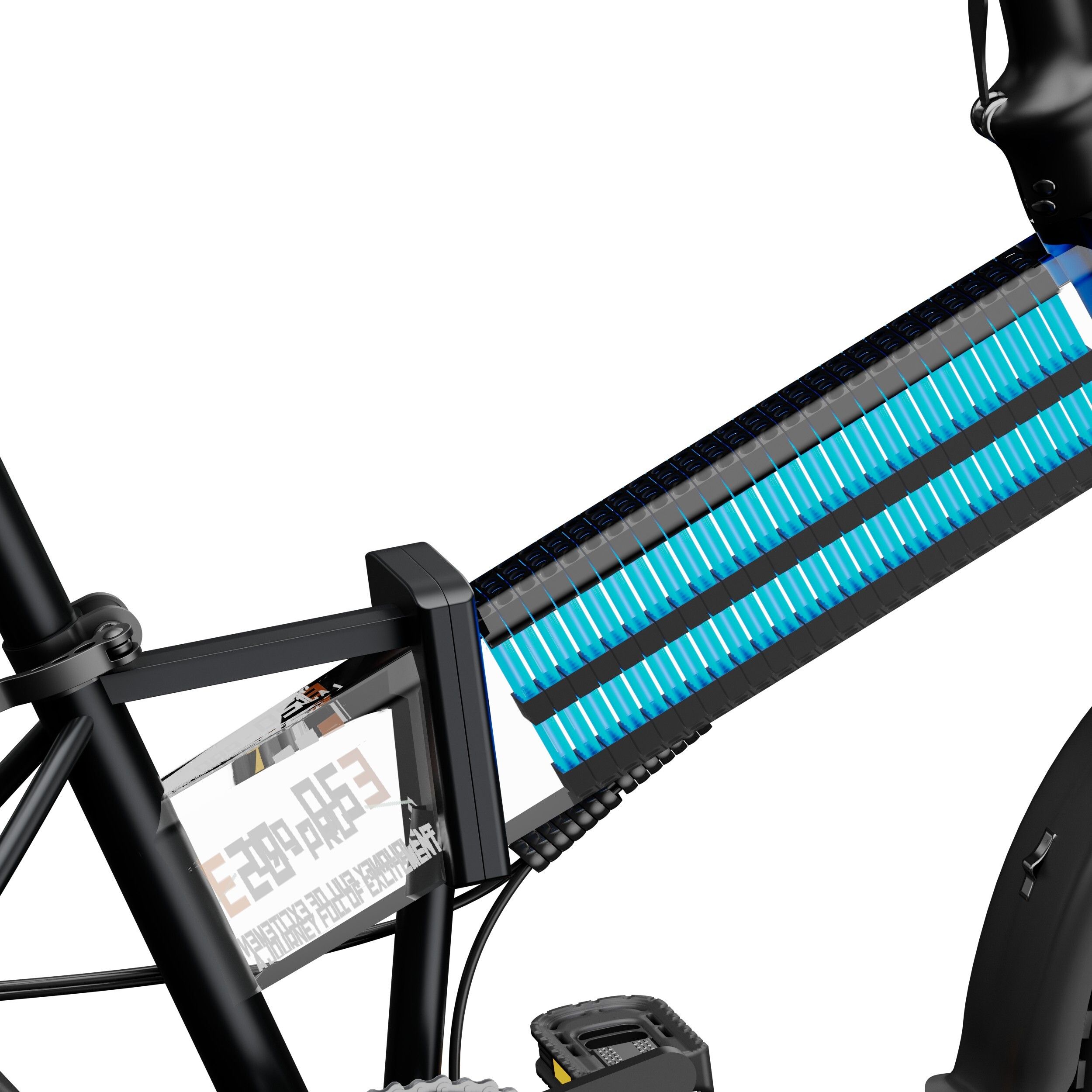 Gros plan sur la batterie d'un vélo pliant noir. Bandes bleues visibles. Inscription "E20PRO".
