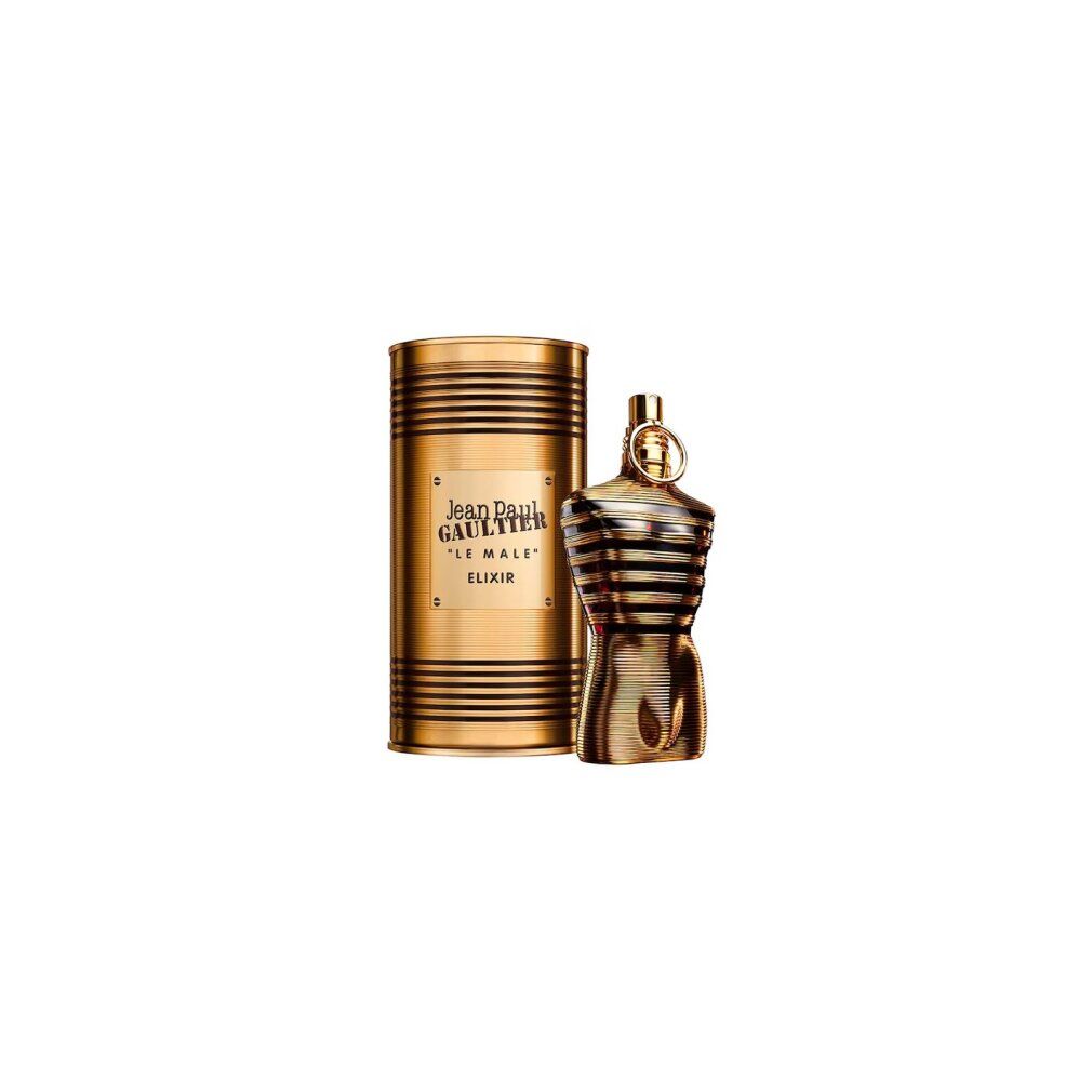 Gouden torso-vormige fles naast gouden doos. "Jean Paul Gaultier LE MALE ELIXIR" op de doos.