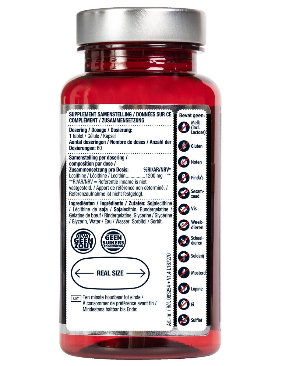 Dos d'une bouteille brune avec informations sur le produit et ingrédients. Ne contient pas de lait, gluten, etc.