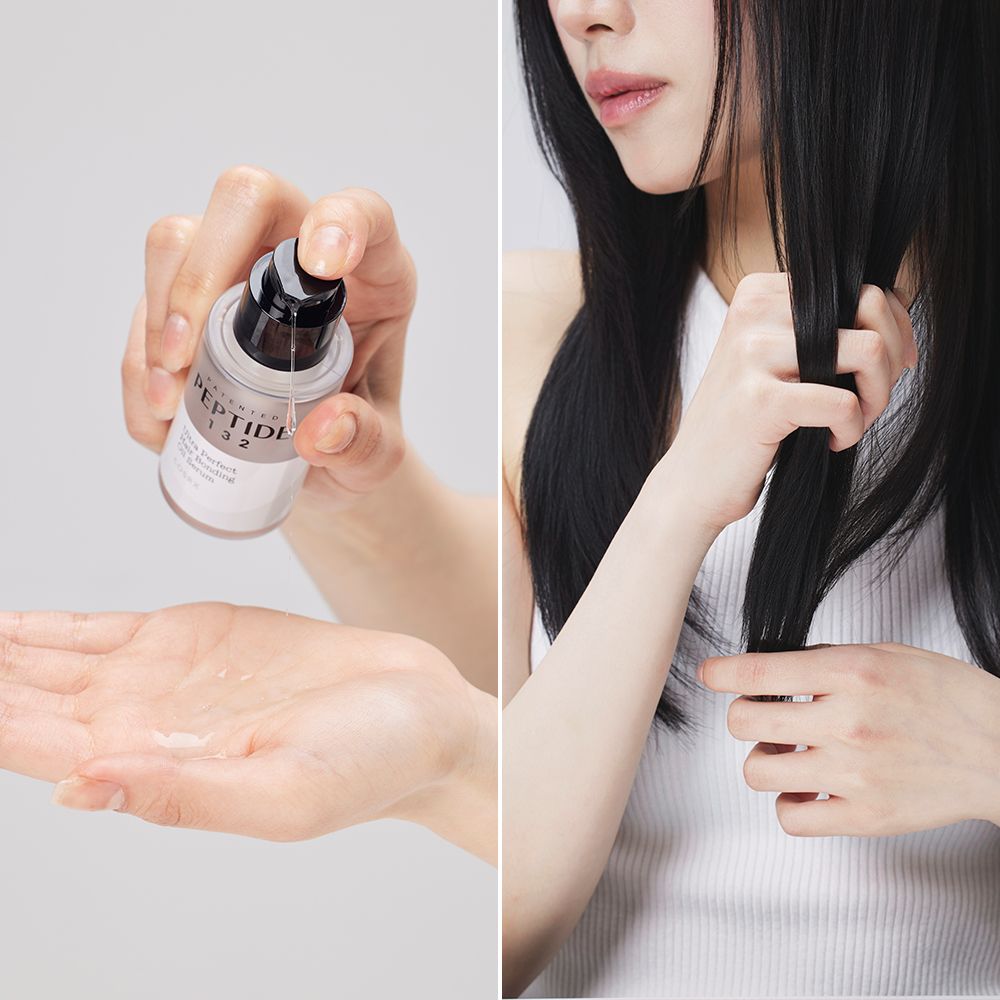 Main avec sérum COSRX Peptide 132, à côté d'une femme aux cheveux longs.