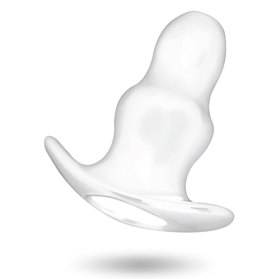 Transparante TPE anale tunnel dilator, 13,5 cm lang, met brede basis. Enkelvoudige weergave.