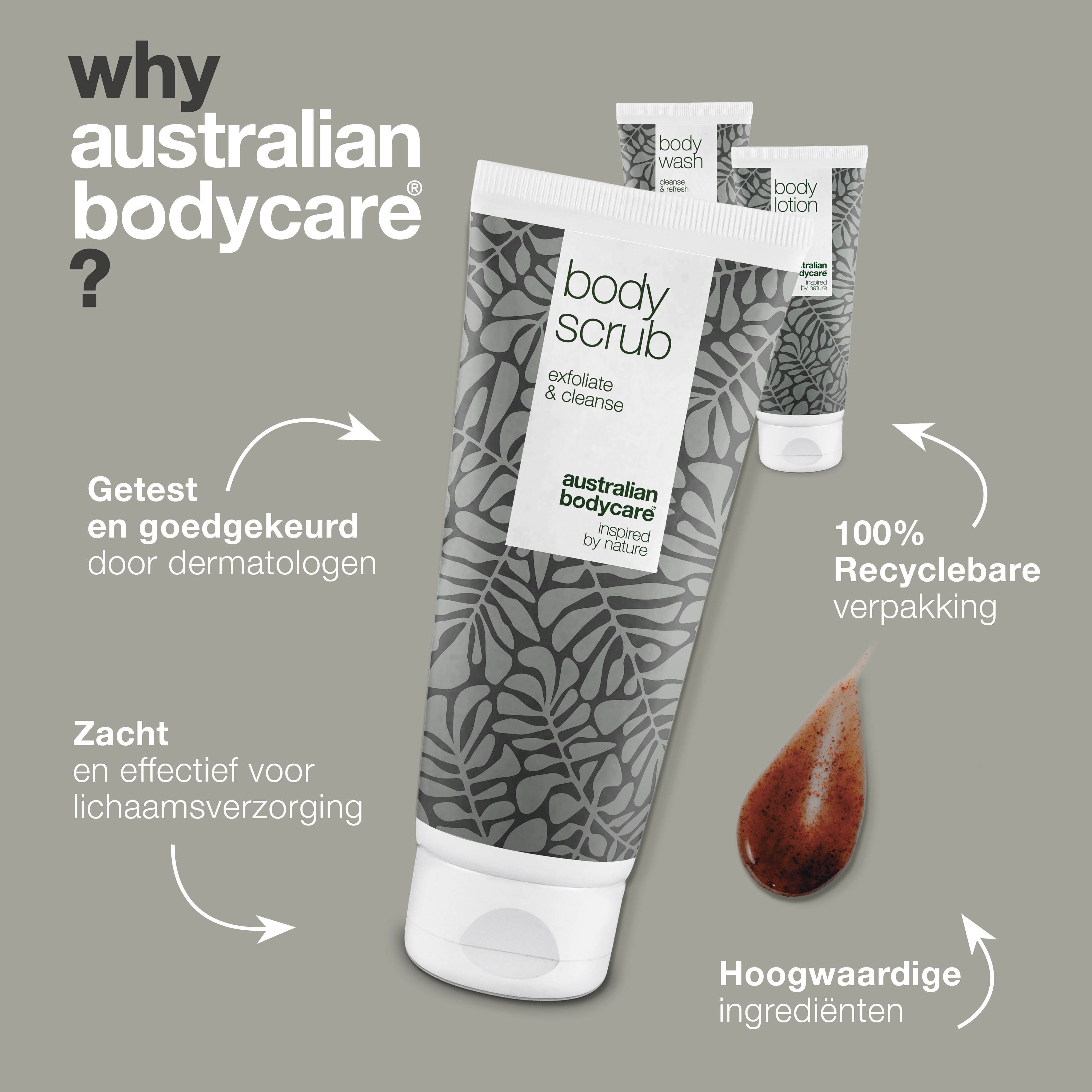 Drie tubes lichaamsverzorgingsproducten. Opschrift: Body Scrub, Body Wash, Body Lotion. Merk: Australian Bodycare. Tekst: Waarom?