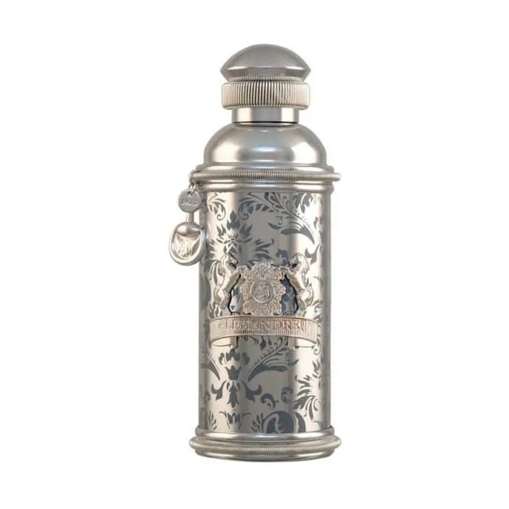 Flacon argenté avec motif floral. Flacon avec bouchon et ornements argentés. Design à motifs floraux.