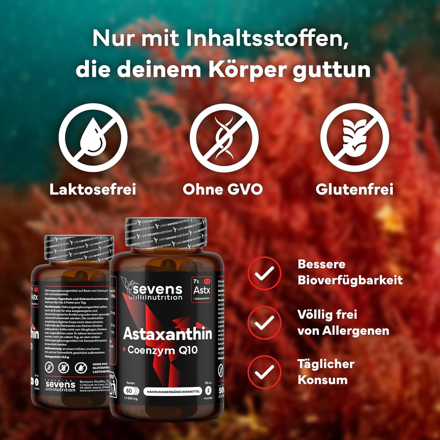 Twee potten astaxanthine + co-enzym Q10. Iconen voor lactosevrij, GGO-vrij, glutenvrij.