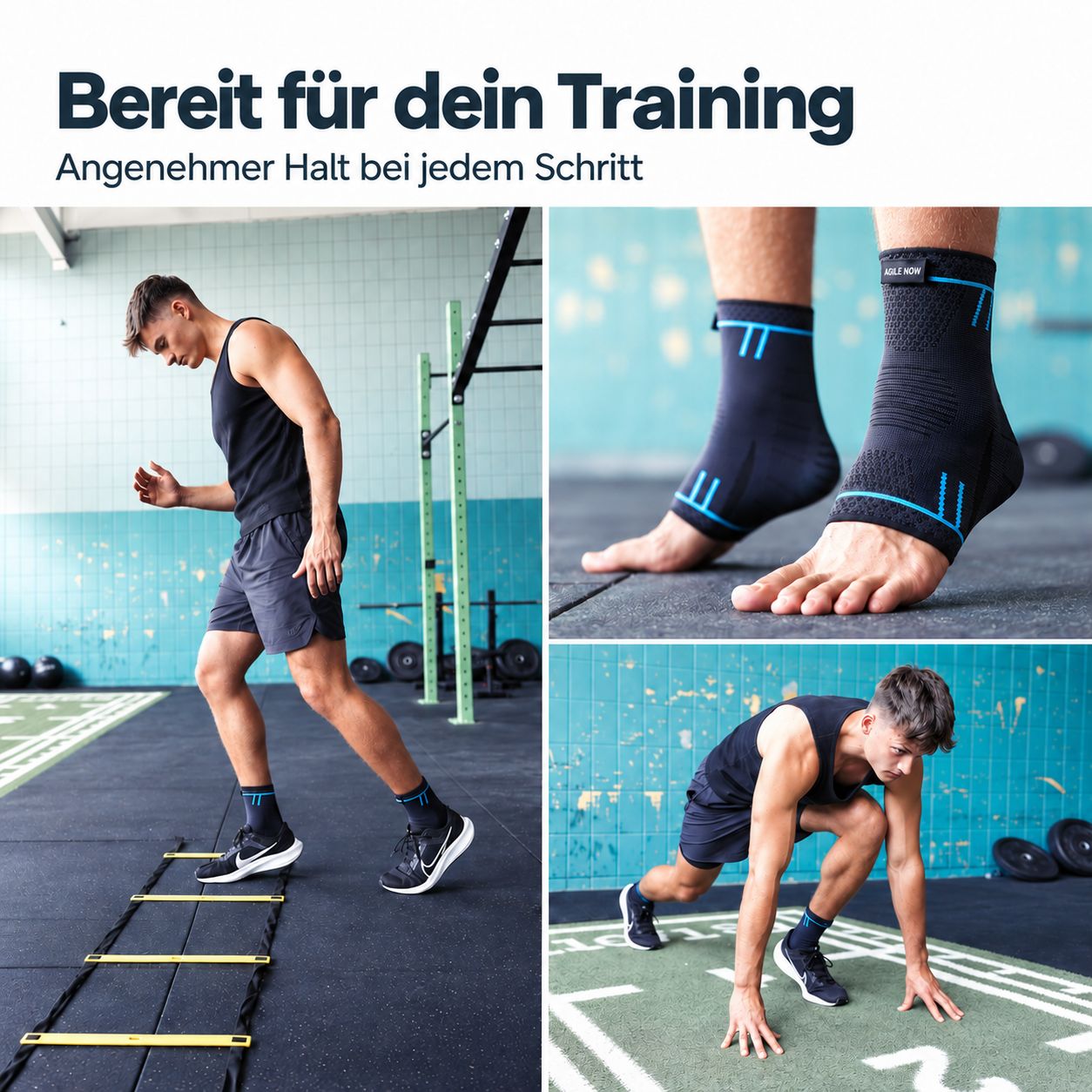 Man die agility-training doet met enkelbraces. Close-up van de braces aan de voeten.