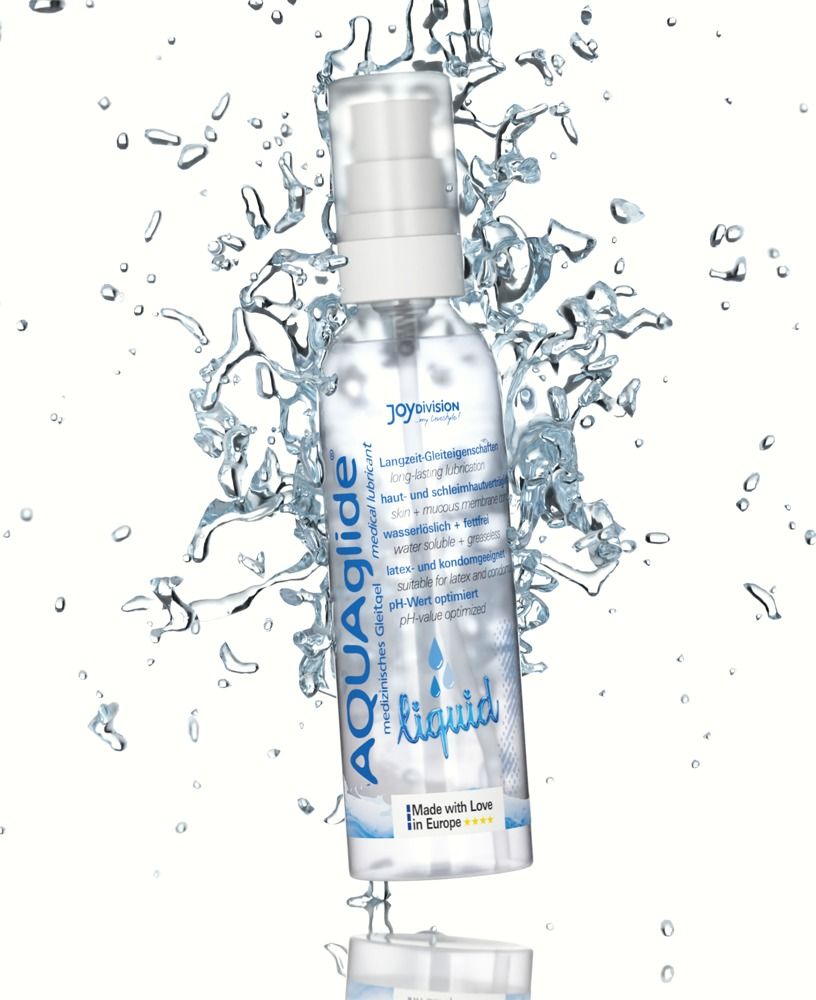 Joydivision AQUA GLIDE Liquid glijmiddel, 50ml pompfles, witte achtergrond.