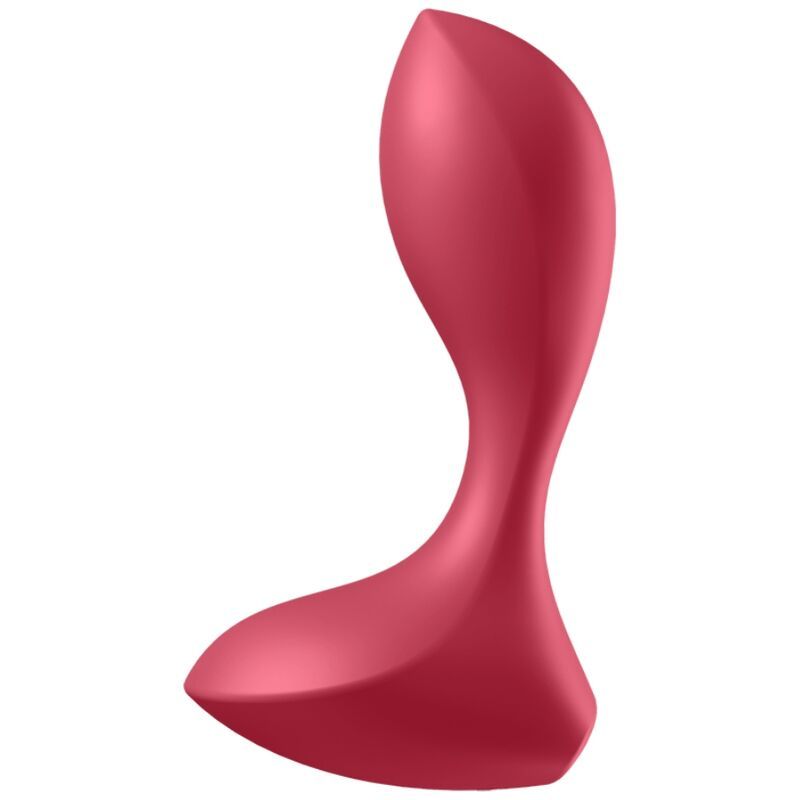 Rode anale vibrator in een gebogen, ergonomische vorm, van de zijkant gezien.