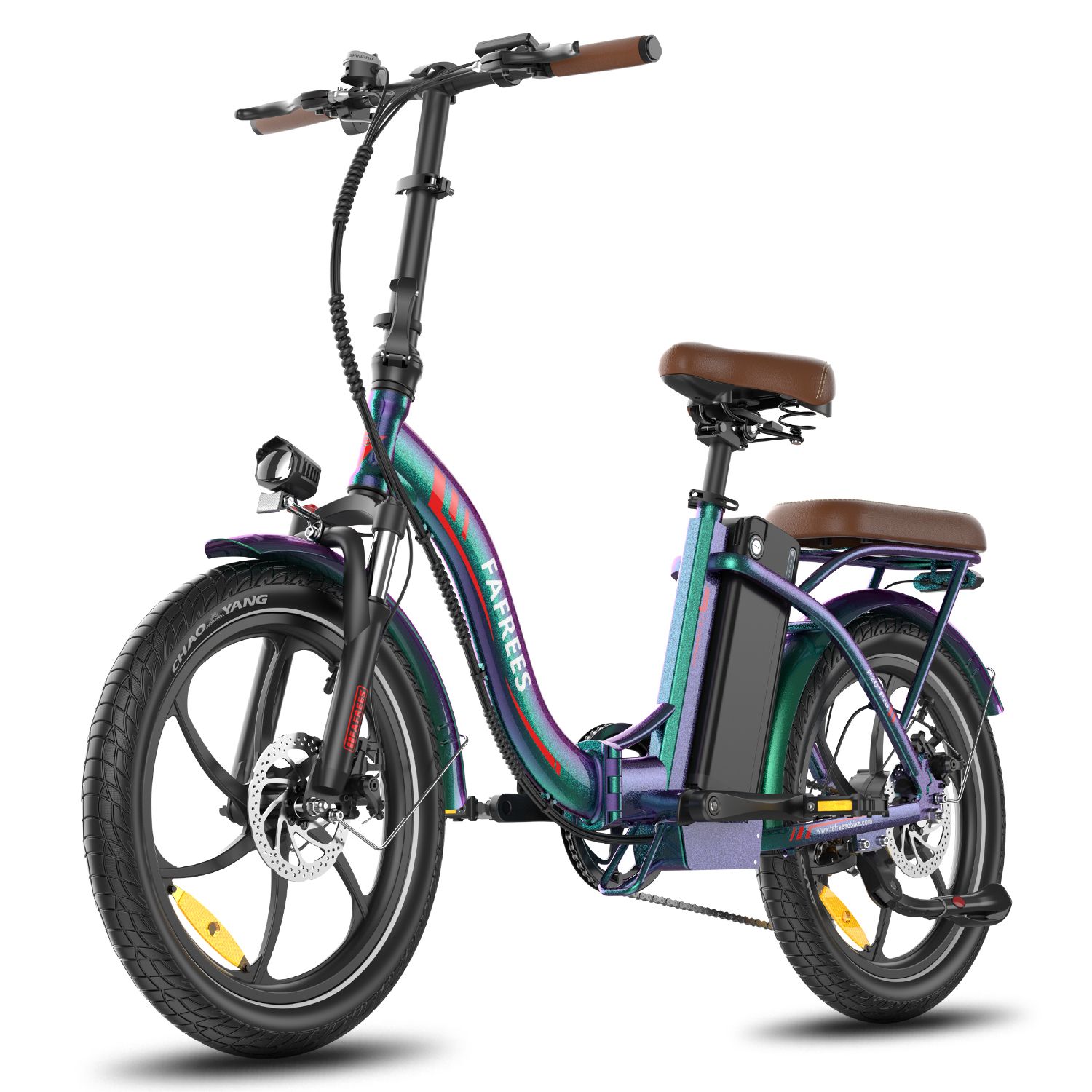 Opvouwbare e-bike, blauw-groen, bruin zadel en bagagedrager. Zwarte banden, velgen en accu. Merk FAFREES.