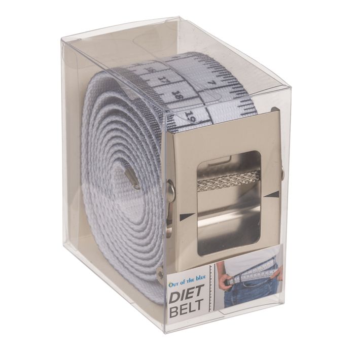 Dieetband in transparante verpakking. Op de verpakking staat "DIET BELT".
