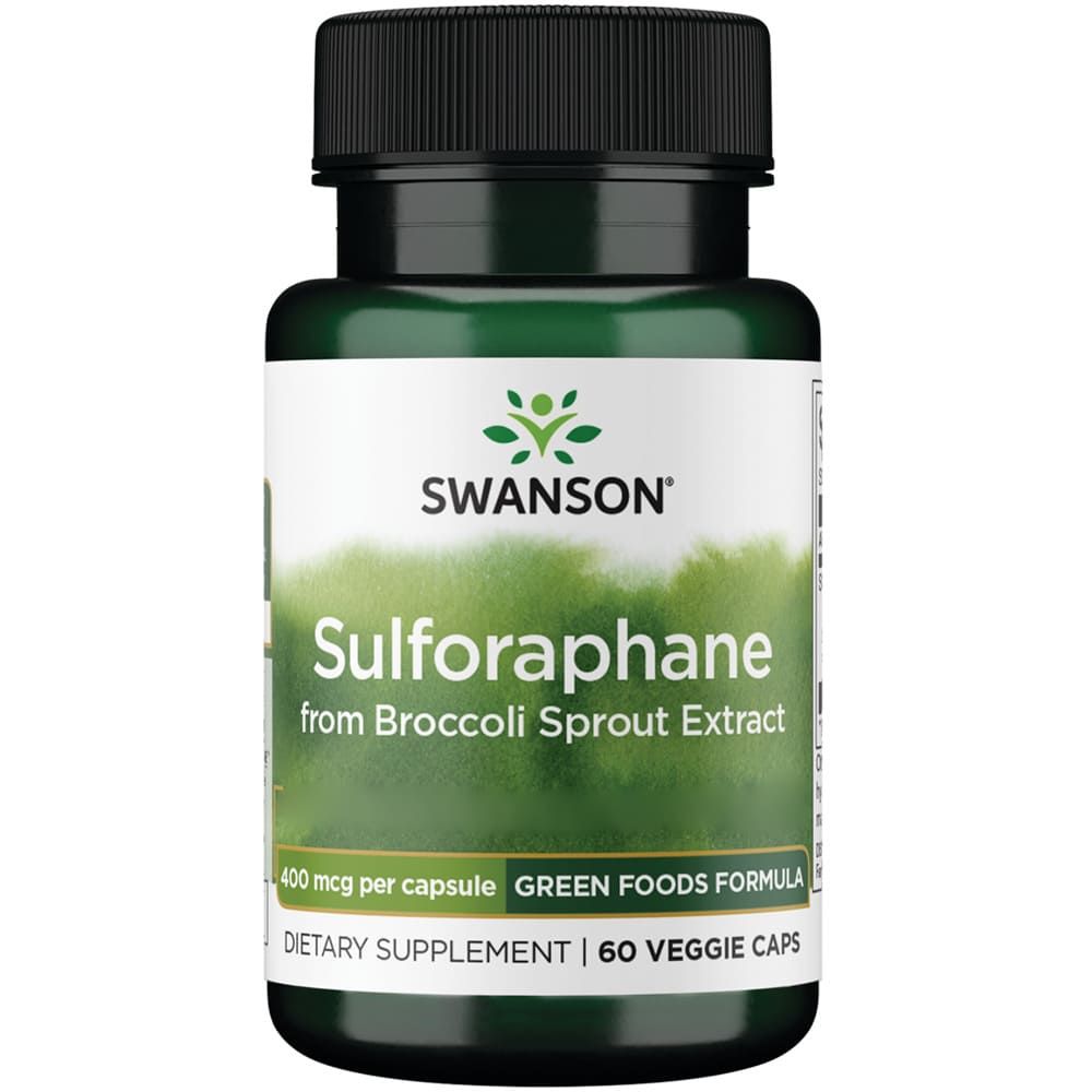 Bouteille vert foncé avec bouchon noir, Sulforaphane extrait de brocoli, 60 gélules végétales.