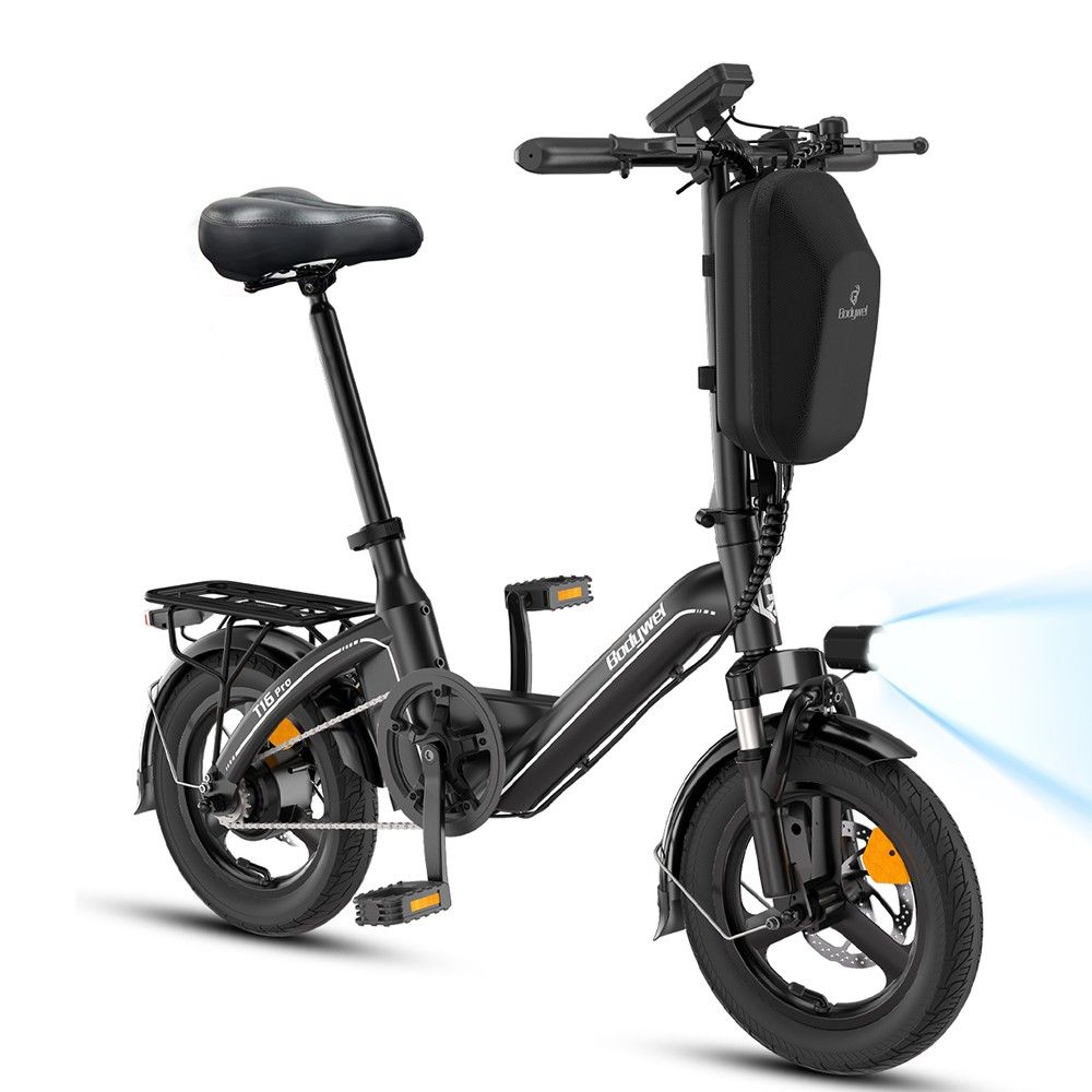 Vélo électrique noir avec porte-bagages, phare et sac batterie. Inscription "T16 Pro".
