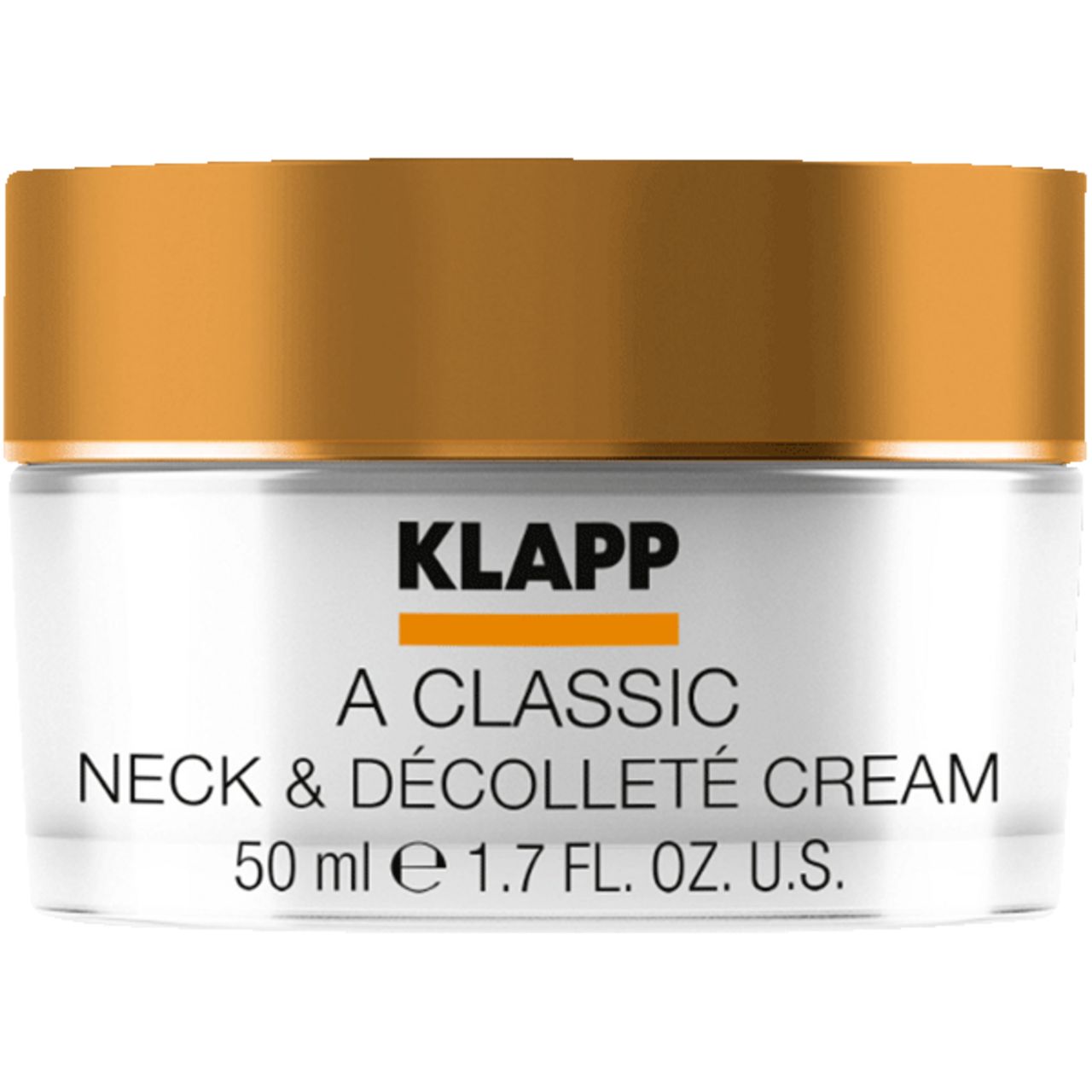 Crèmepot met gouden deksel. Opschrift: KLAPP, A Classic, Neck & Décolleté Cream. Volume: 50 ml.