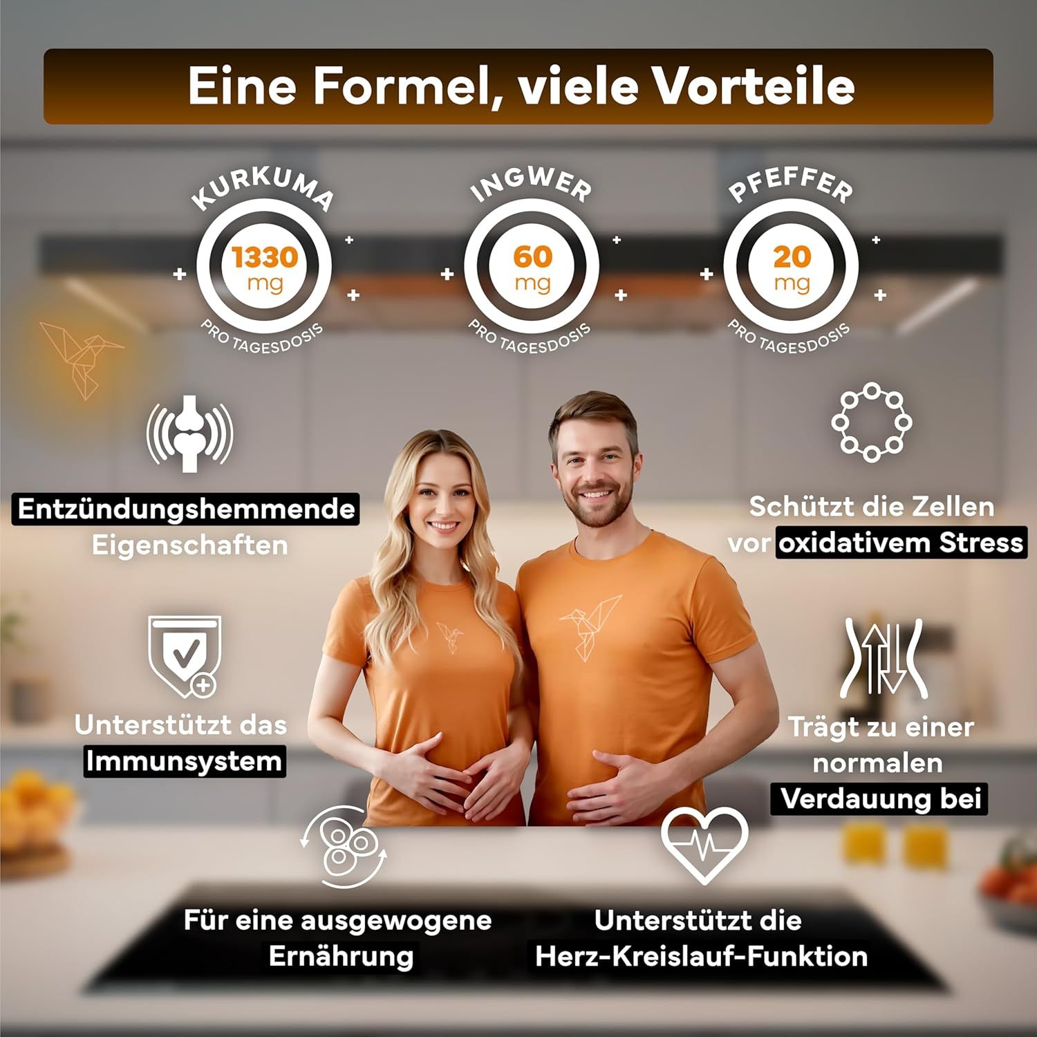 Koppel in keuken, toont voordelen van kurkuma, gember, peper: ontstekingsremmend, antioxiderend, immuunsysteem, spijsvertering.