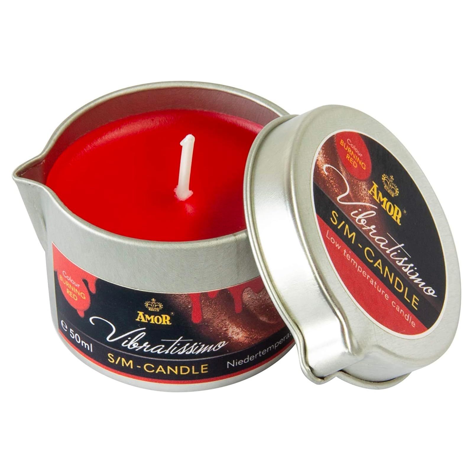 Bougie rouge dans une boîte métallique avec couvercle, 50ml.