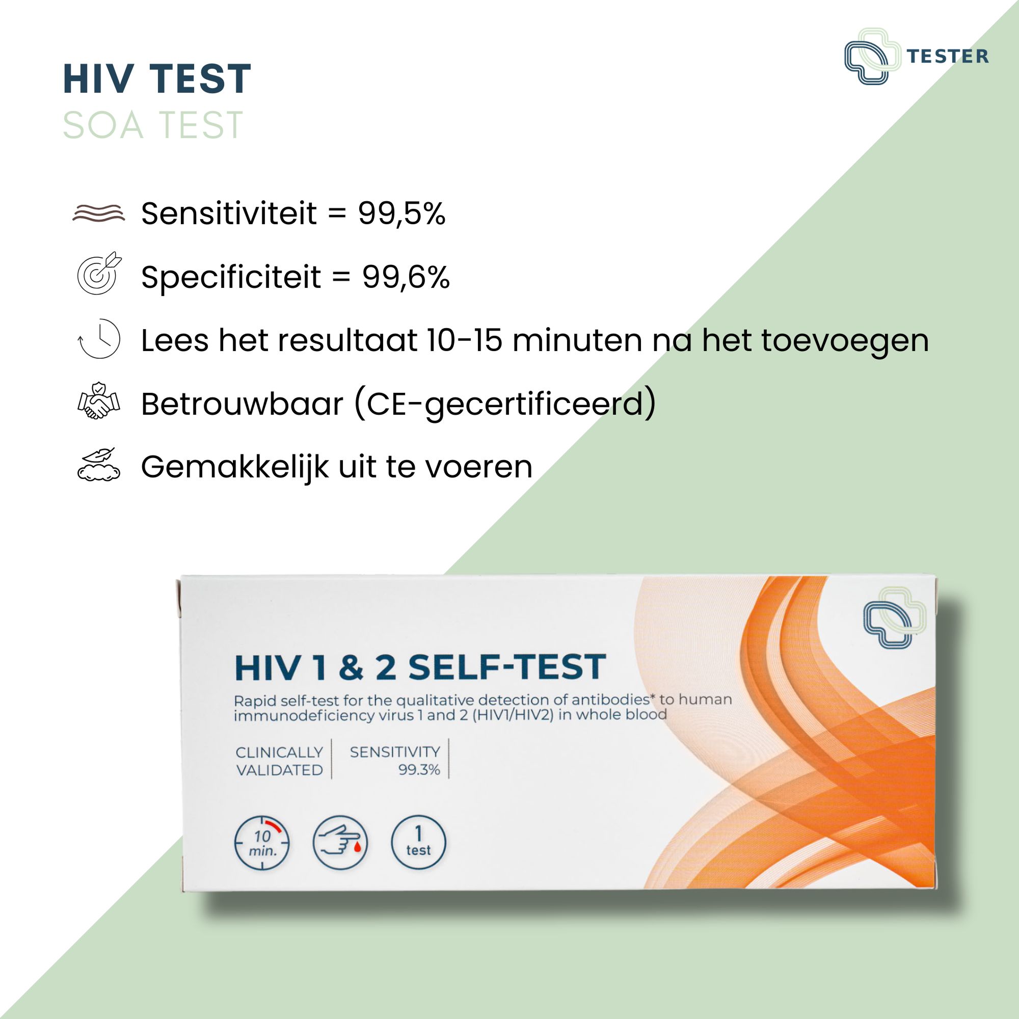 Infographic over de HIV-zelftest. Informatie over gevoeligheid, specificiteit en CE-certificering. Productverpakking op de achtergrond.