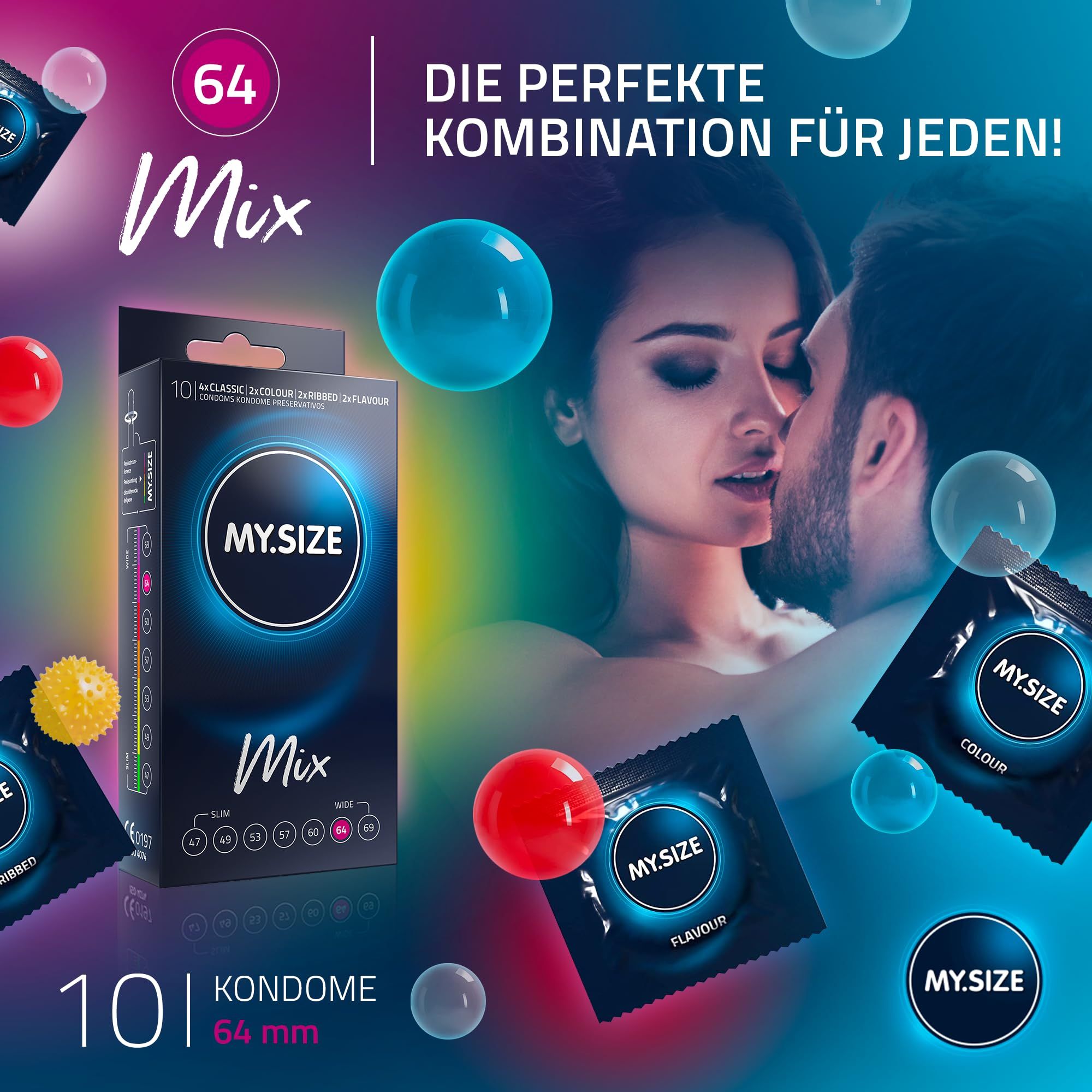 Pack de préservatifs MY.SIZE Mix, 10 pièces, largeur 64mm. Contient les variantes Classic, Colour, Ribbed et Flavour.