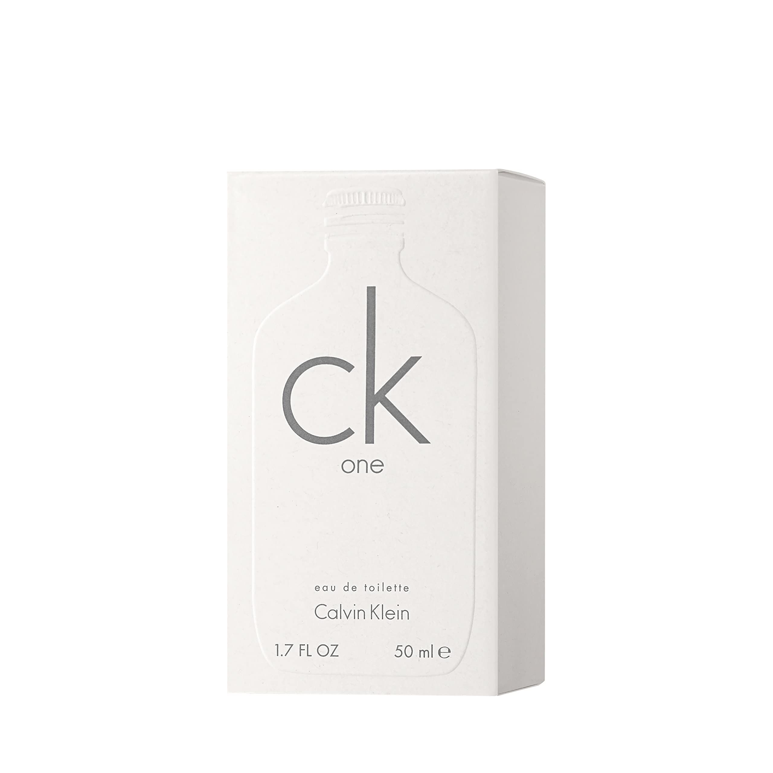 Witte doos met "ck one" logo en "Calvin Klein" opschrift. Opschrift "eau de toilette".