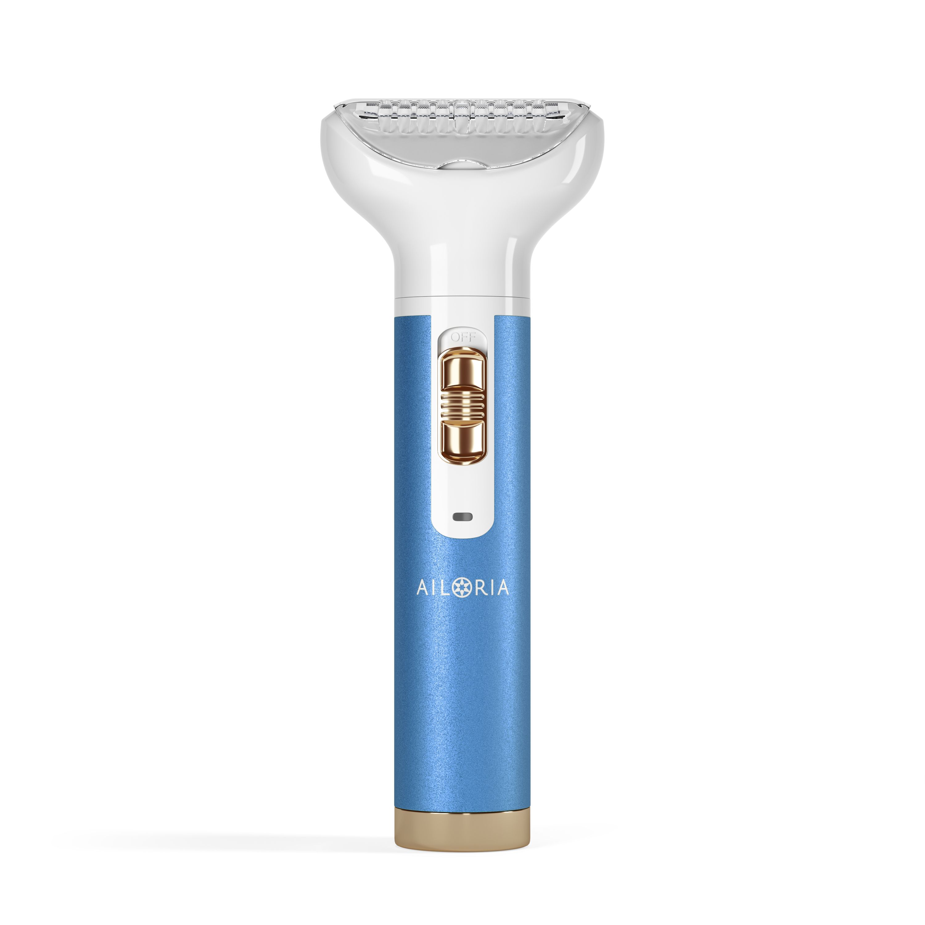 Blauwe body shaver met witte kop en gouden accenten. AILORIA-logo zichtbaar.