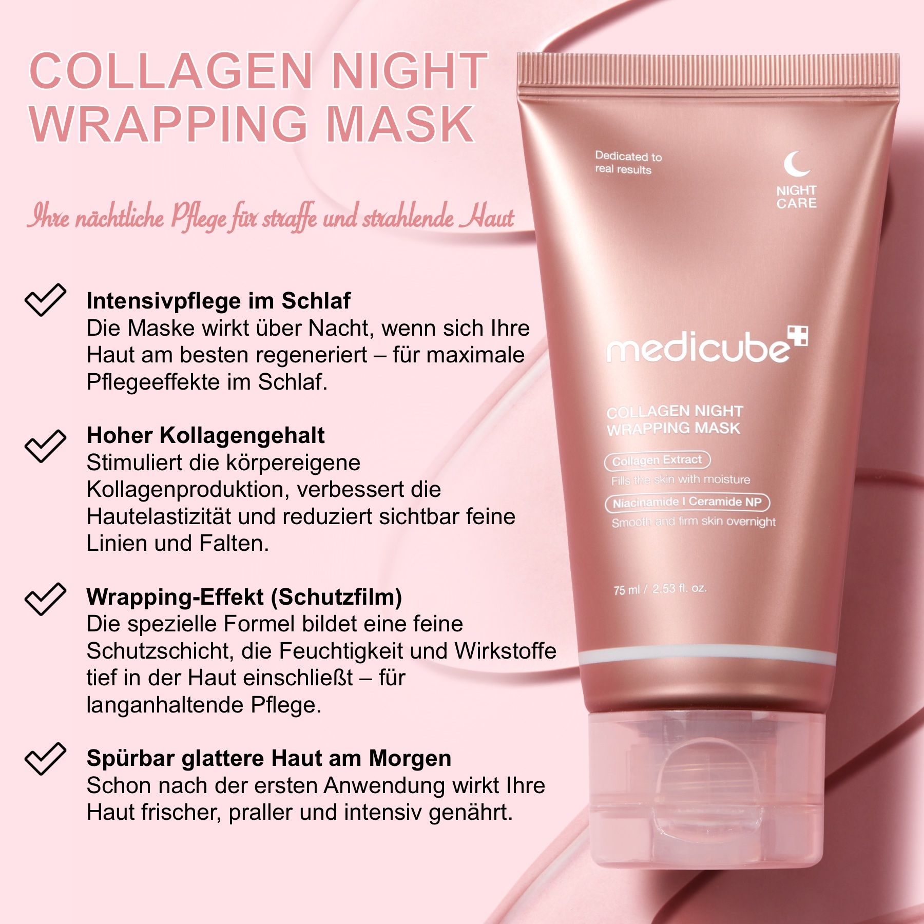 Un tube de Medicube Collagen Night Wrapping Mask avec des icônes pour les bienfaits des soins de la peau.