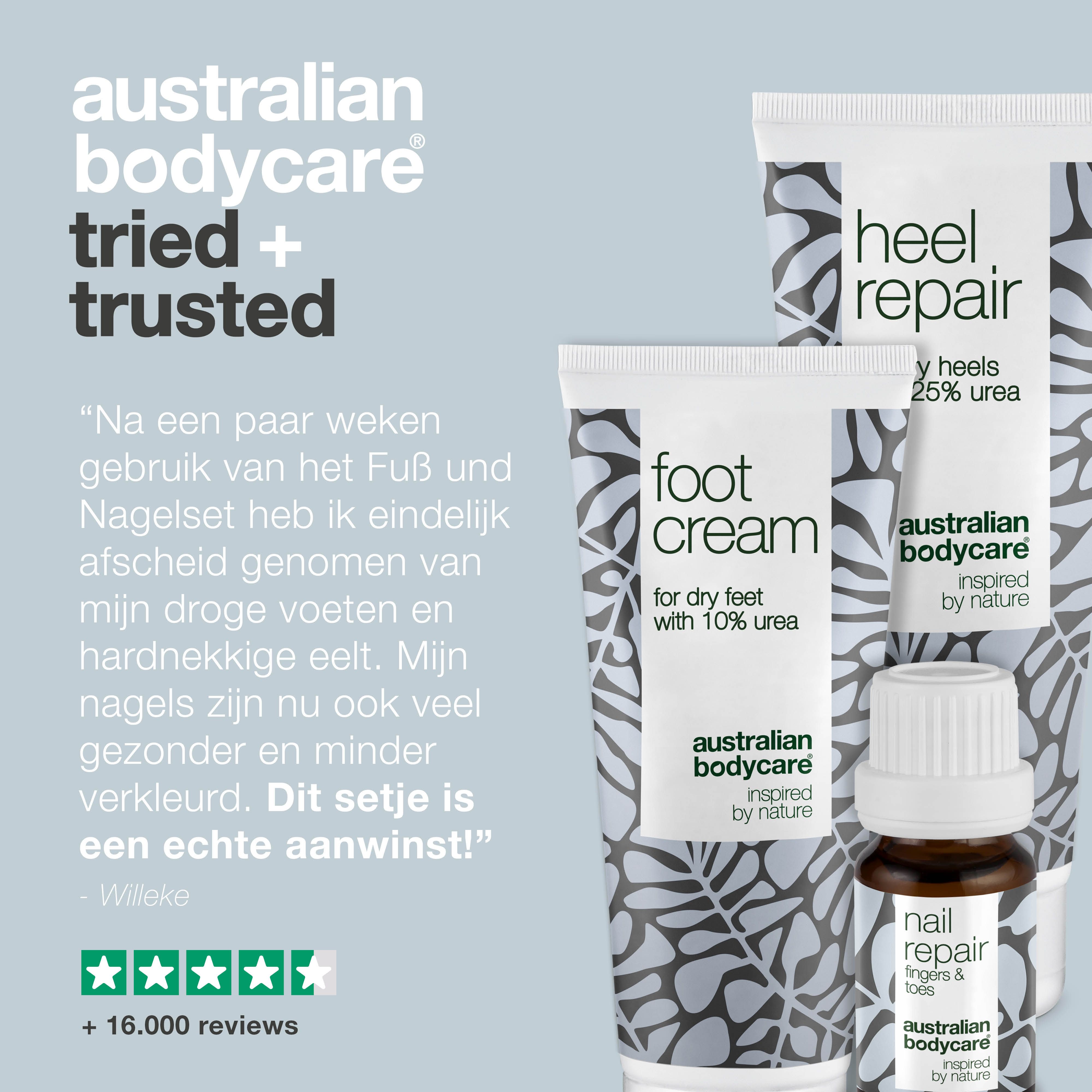 Drie producten: Heel Repair, Foot Cream, Nail Repair. Opschrift: Australian Bodycare. Tekst: Tried + Trusted.