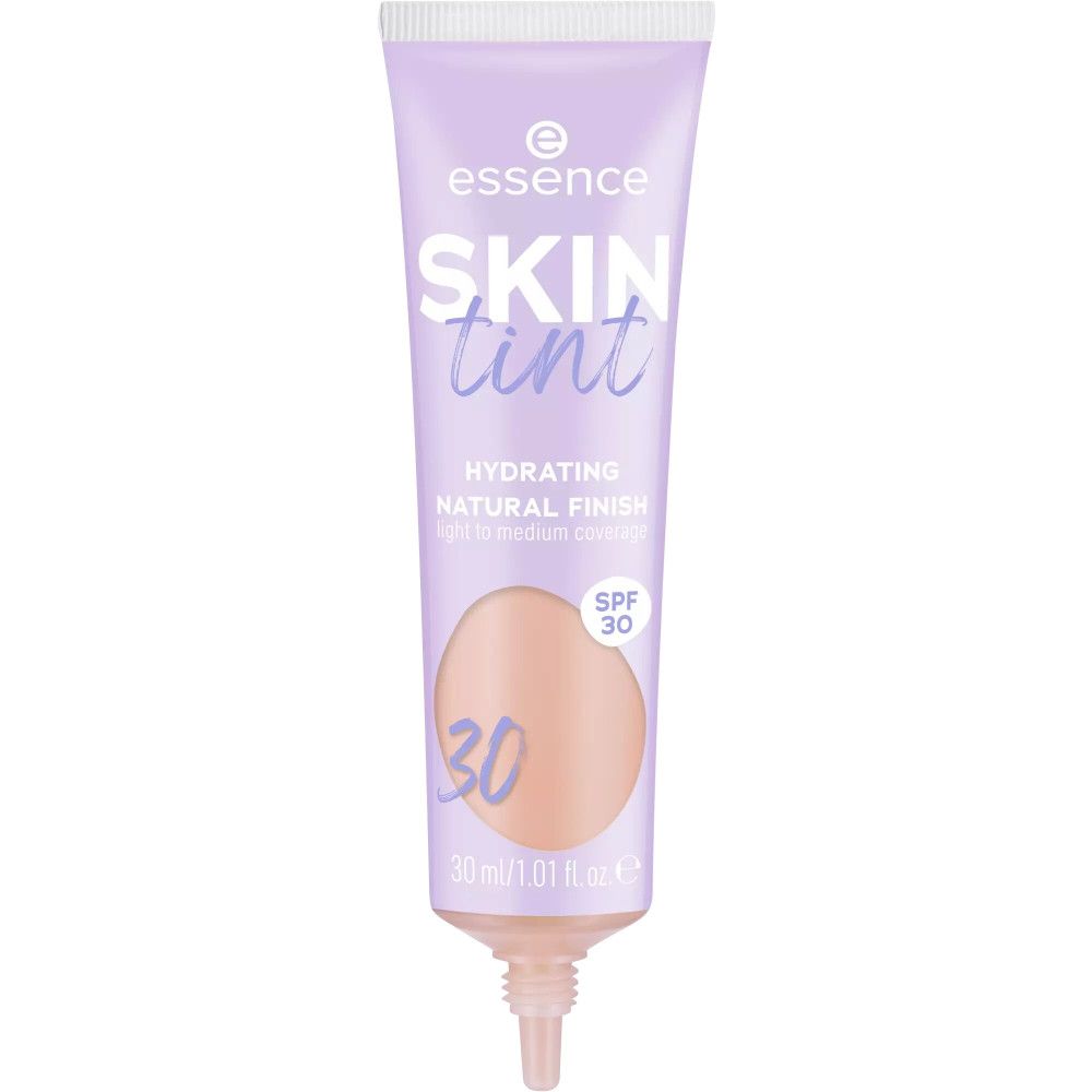 Fond de teint teinté en tube lilas. Bouchon blanc. Texte : Skin Tint, Hydrating, Natural Finish, SPF 30.